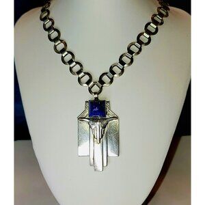 Silver Blue Steer Stone Fashion Necklace Artisan Look Statement Jewelry CT201